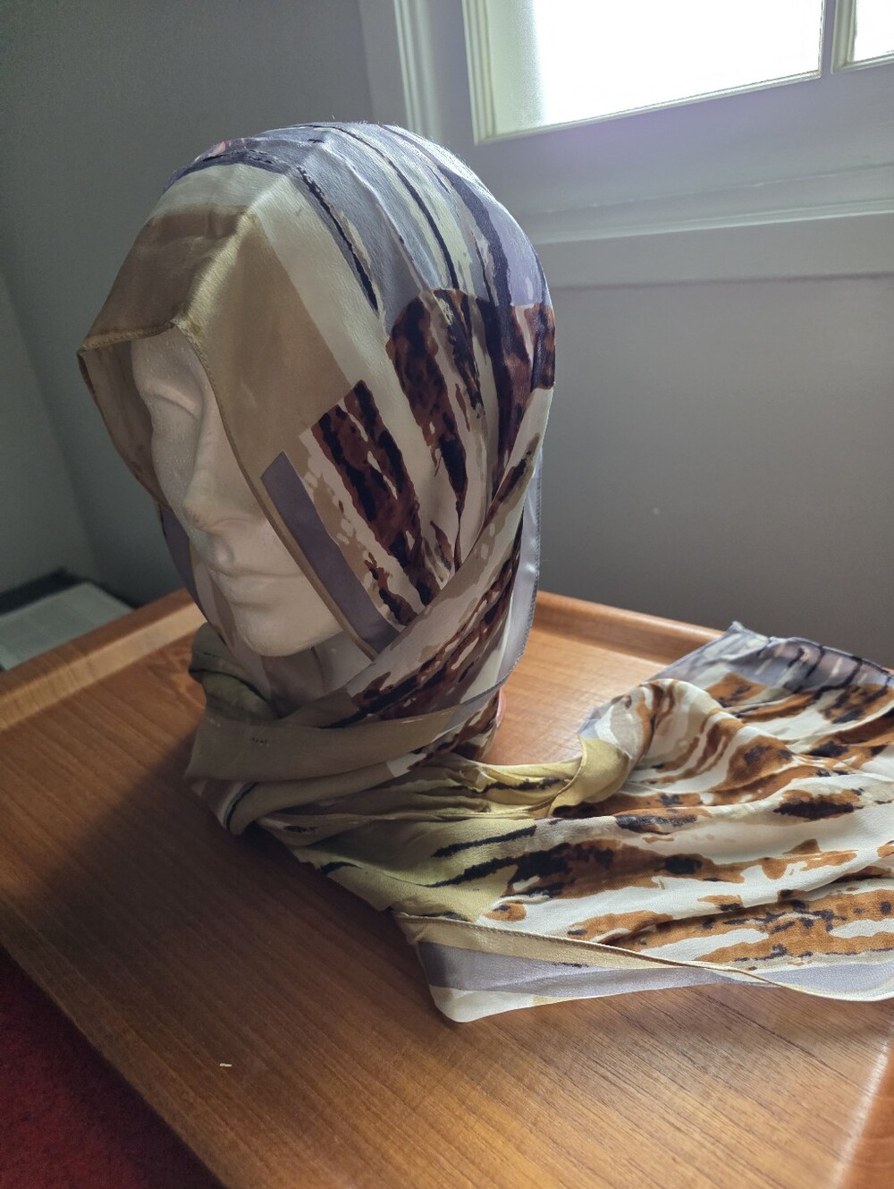 Echo Vintage Long Silk Scarf, Abstract Earthtones.